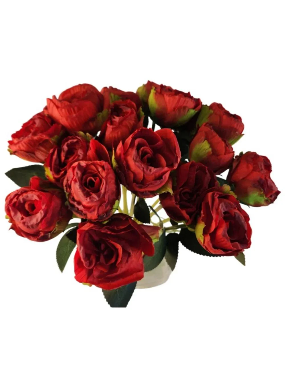 Burnt Edge Artificial Roses, 18 Stem Red Rose Bouquet, 15 Inch Faux Flowers, Wed